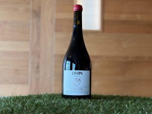 Weinkarte Das Weitblick Allgäu Flasche Divin Pinot Noir Wein auf grünem Gras vor Holzwand