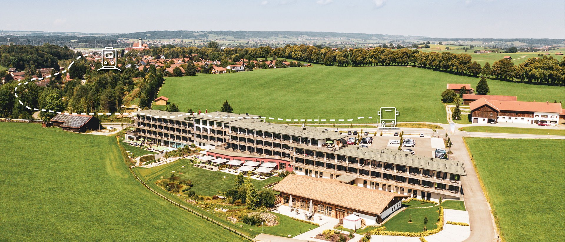 Autofrei in Das Weitblick Allgäu reisen Luftaufnahme eines Hotels auf dem Land mit grünen Feldern und Dorf im Hintergrund