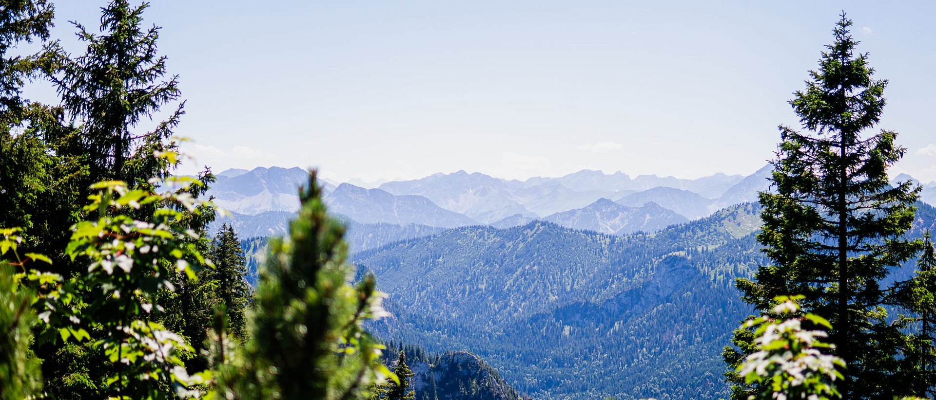 Bergerlebnis an der Tegelbergbahn Blick auf bewaldete Berge und klare blaue Himmel am Tag