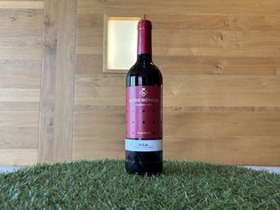 Weinkarte Das Weitblick Allgäu Flasche Rotwein Altos Ibéricos Rioja vor einer Holzwand auf Kunstrasen
