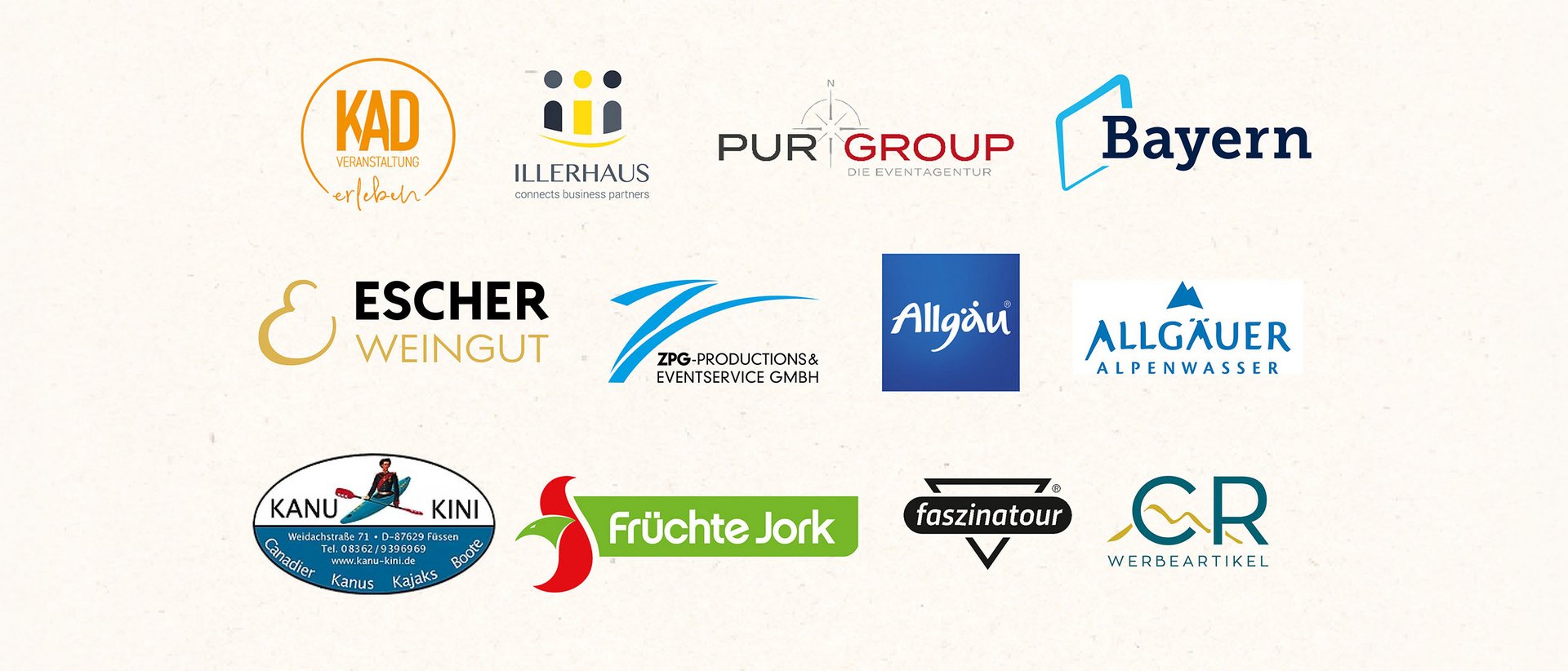 Lerch Businesswelten - Inspirationen an einem Tag Auswahl verschiedener Firmenlogos, darunter KAD, Illerhaus, Pur Group und Bayern