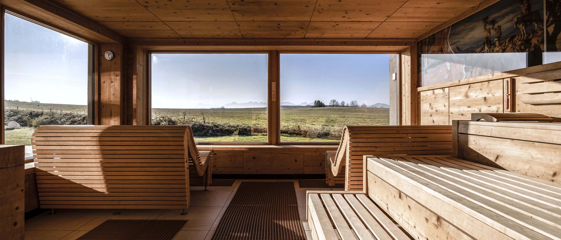4662 Saunaraum mit Holzbänken und großen Fenstern mit Blick auf grüne Wiesen
