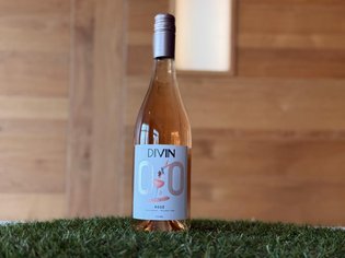 Weinkarte Das Weitblick Allgäu Flasche alkoholfreier Roséwein auf Gras vor Holzwand